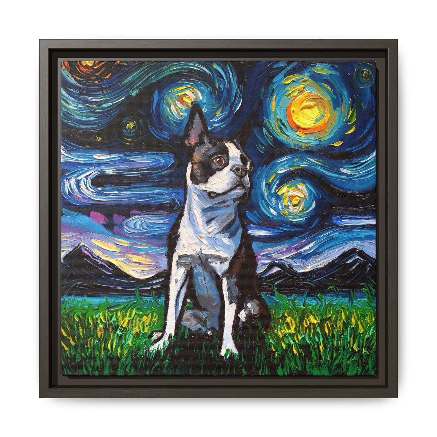 "Boston Terrier Night" Framed Canvas Wall Art