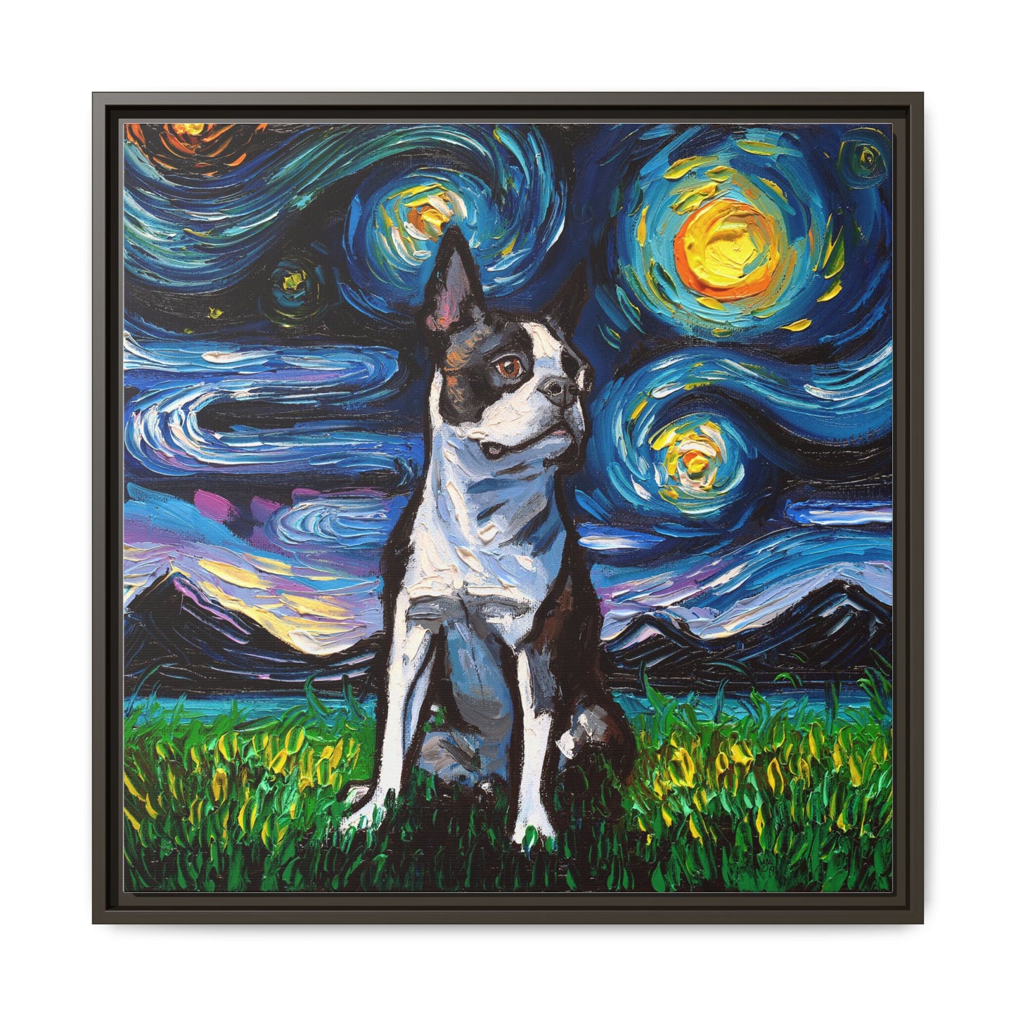 "Boston Terrier Night" Framed Canvas Wall Art