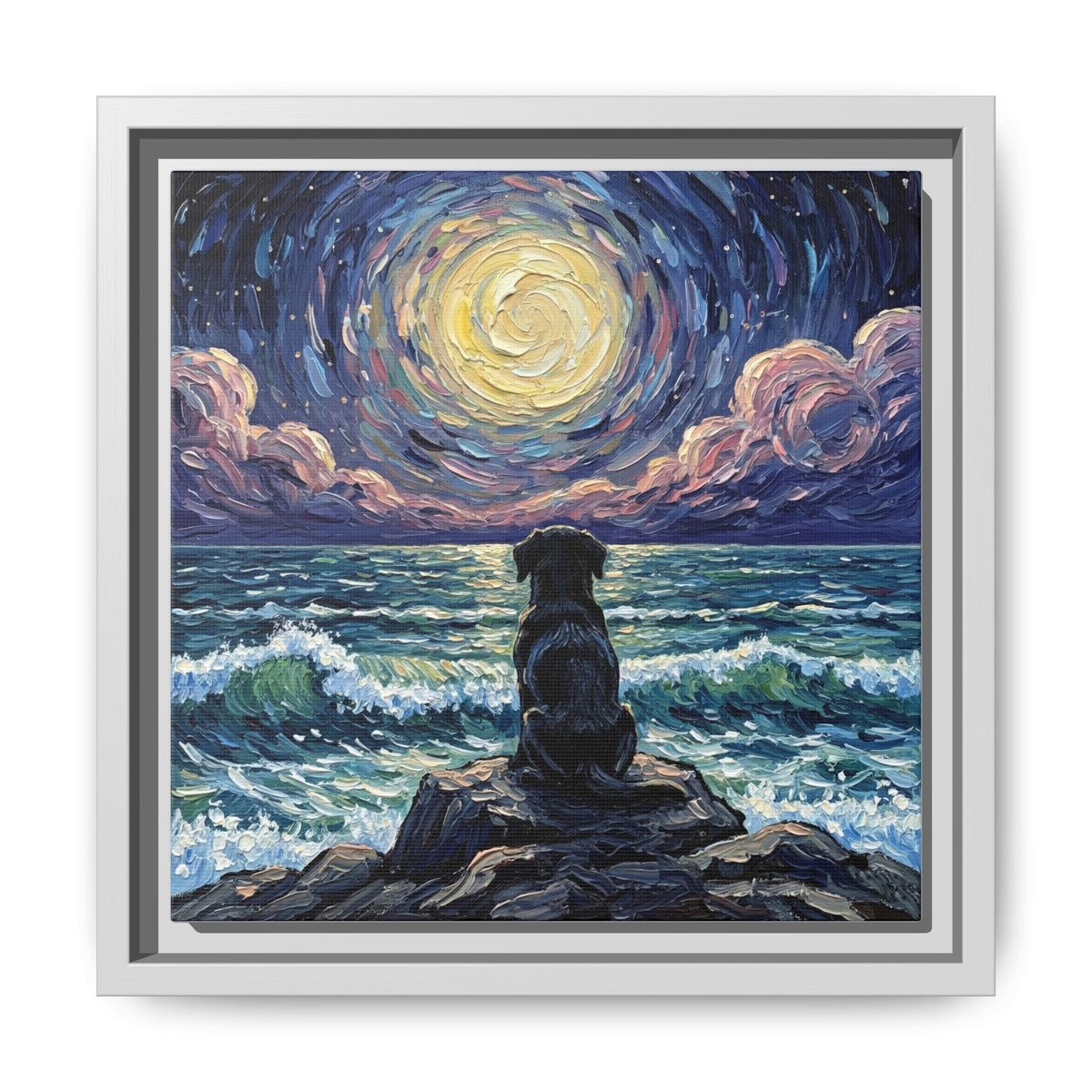 "Beach Night - Black Lab Puppy" Framed Canvas Wall Art