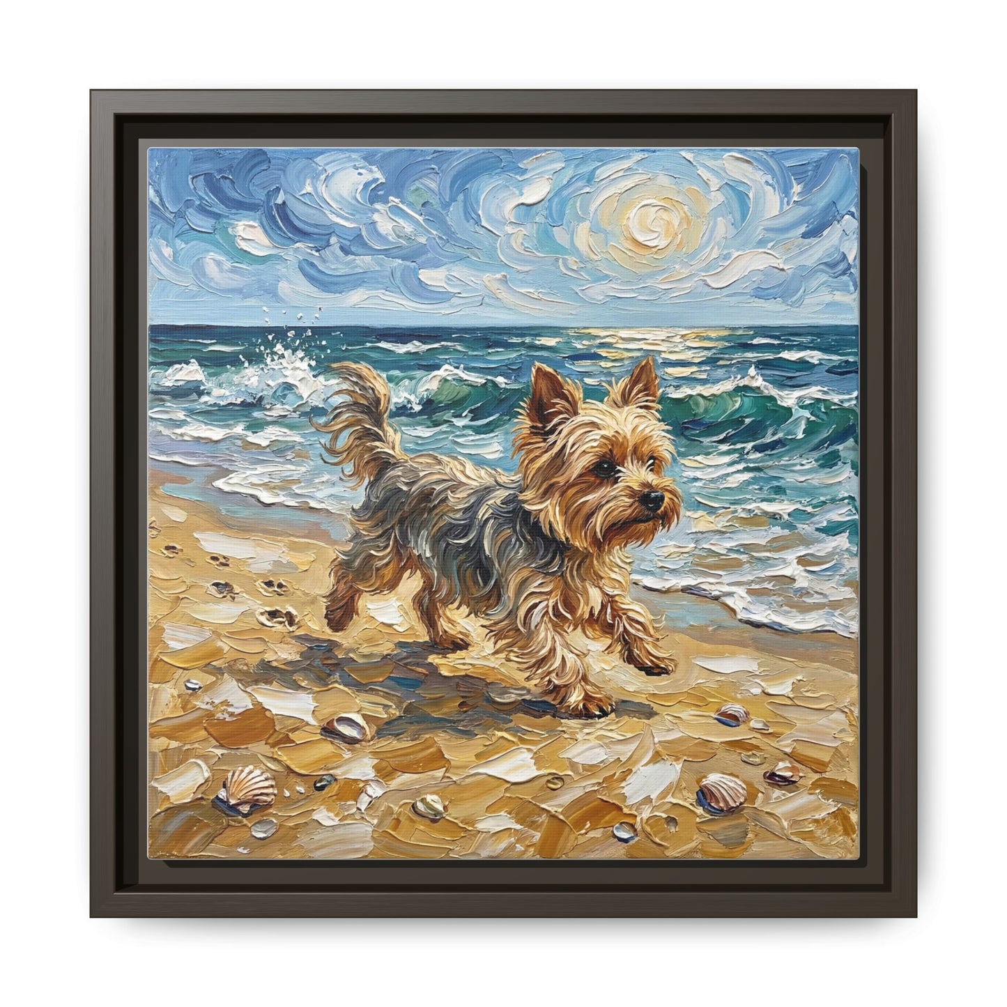 "Beach Day - Yorkie" Framed Canvas Wall Art