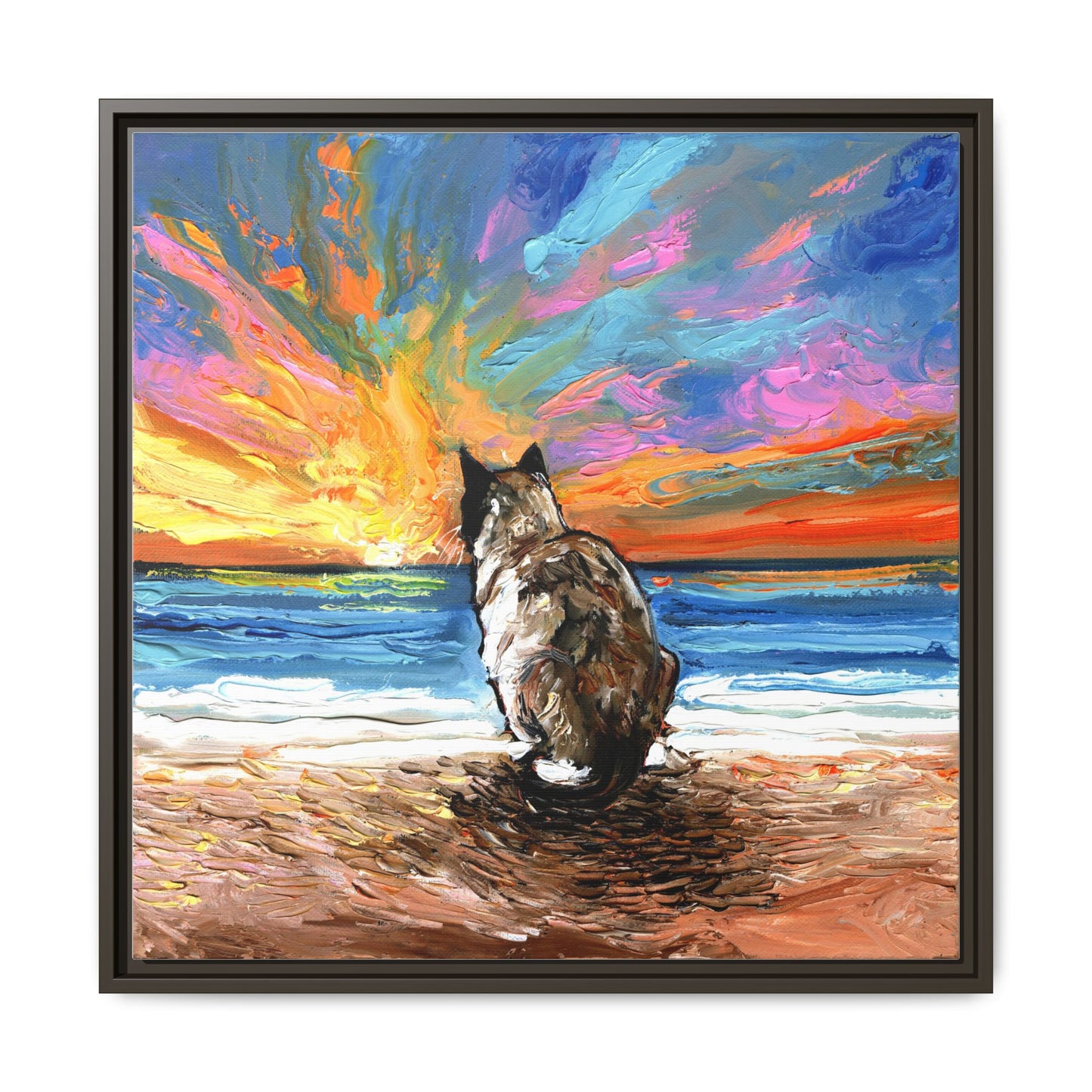"Beach Day - Snowshoe Cat" Framed Canvas Wall Art