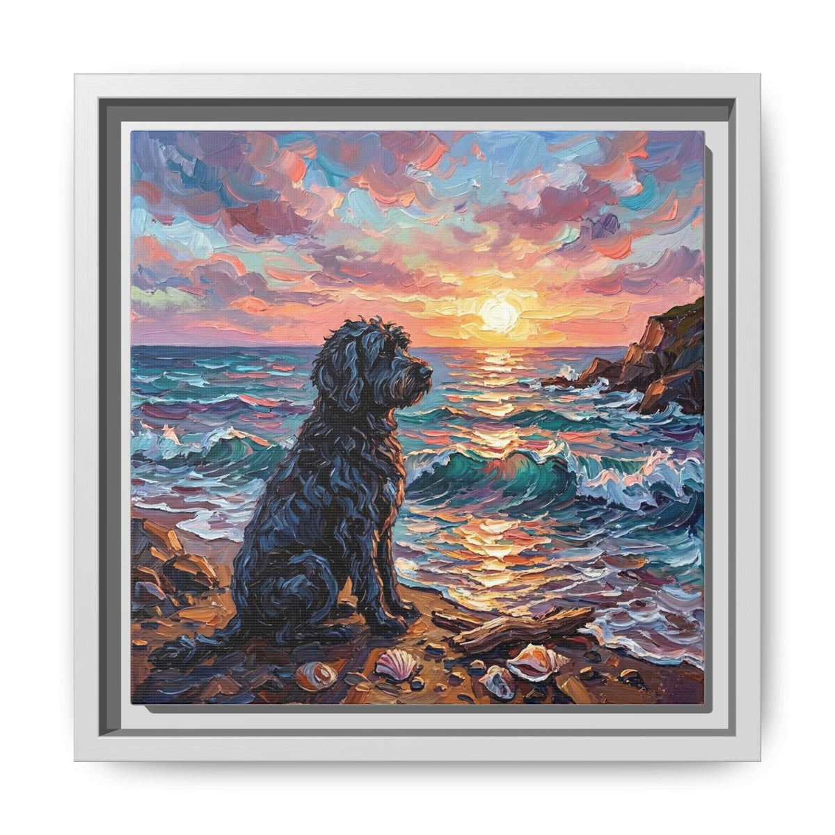 "Beach Days - Portuguese Water Dog" Framed Canvas Wall Art