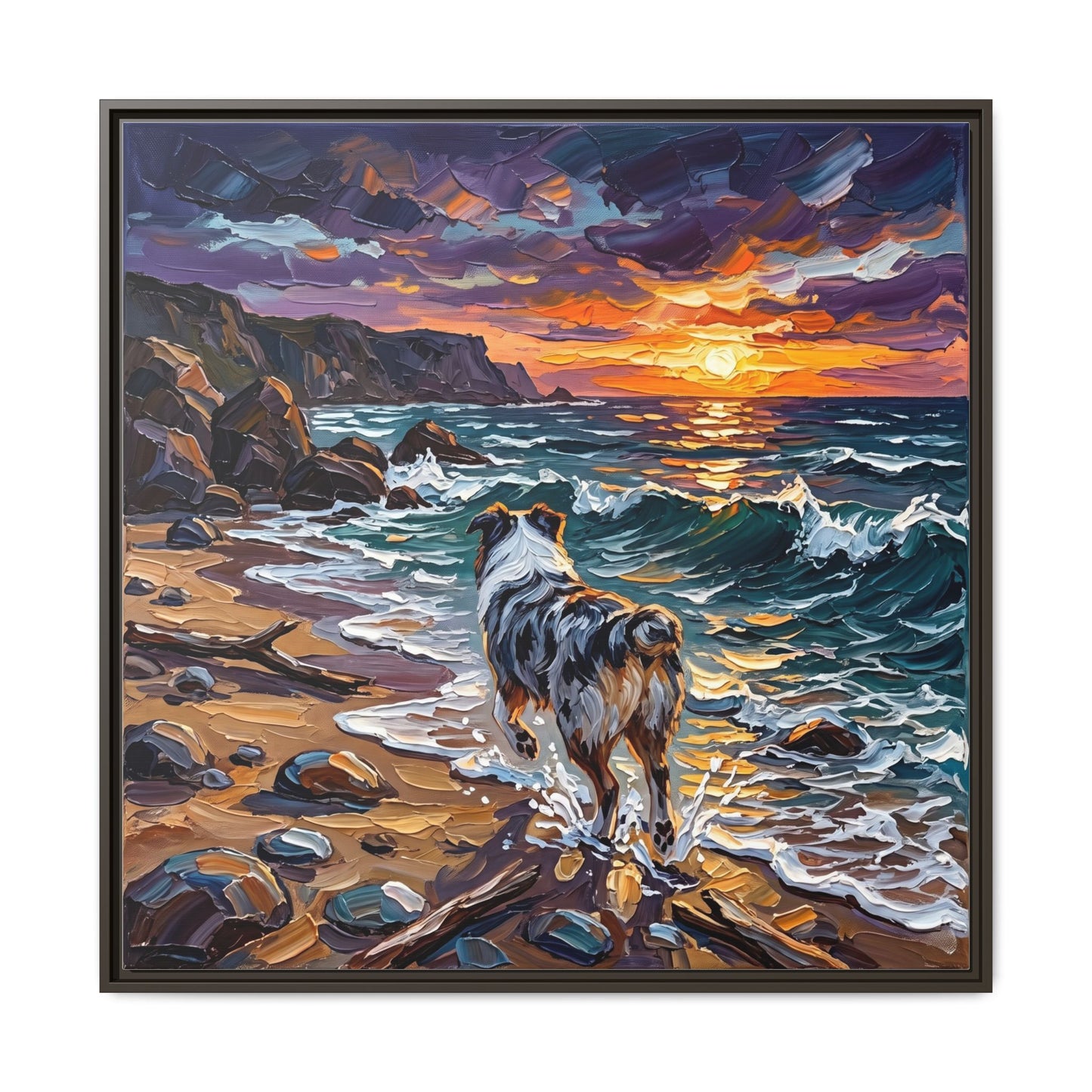 "Beach Day - Merle Aussie Shepherd" Framed Canvas Wall Art