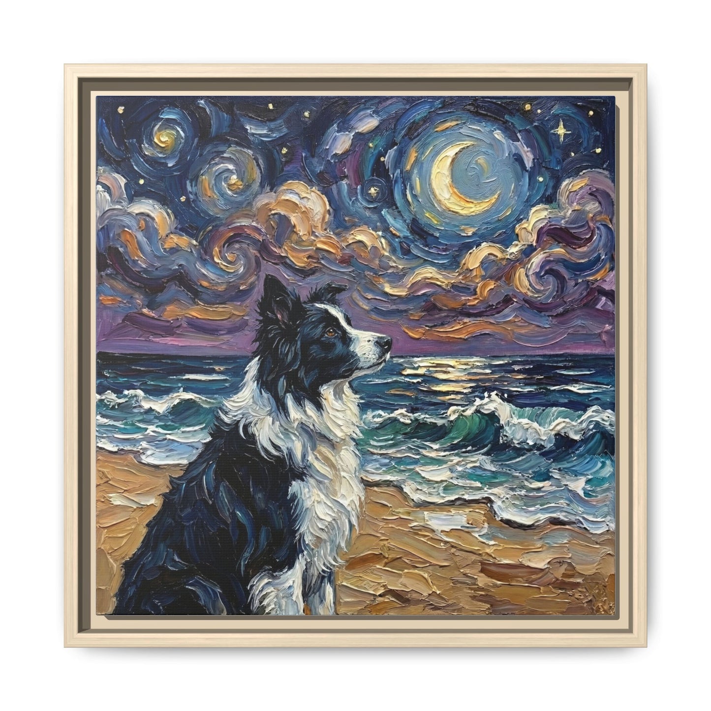 "Beach Night - Border Collie" Framed Canvas Wall Art