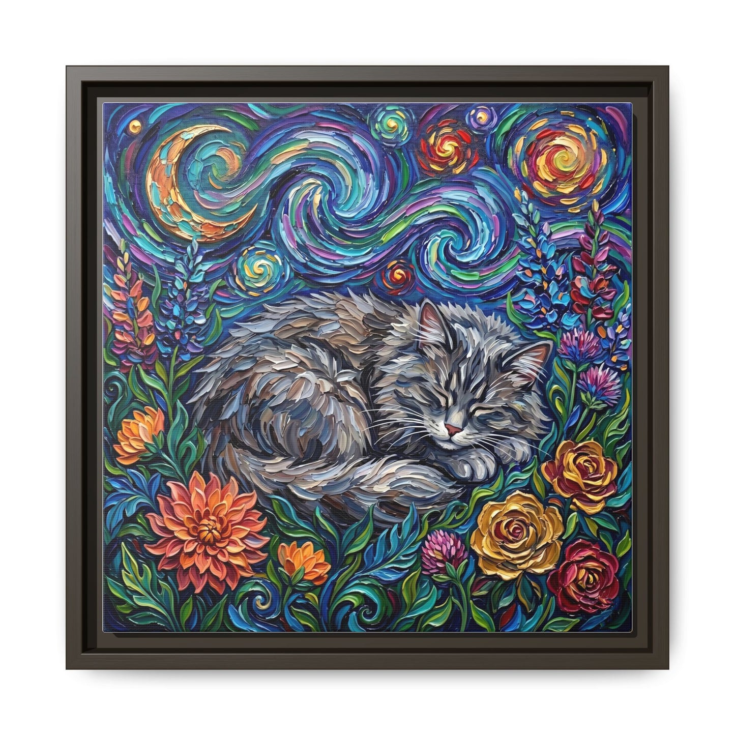 "Amongst The Flowers - Gray Domestic Long Haired Cat" Framed Canvas Wall Art