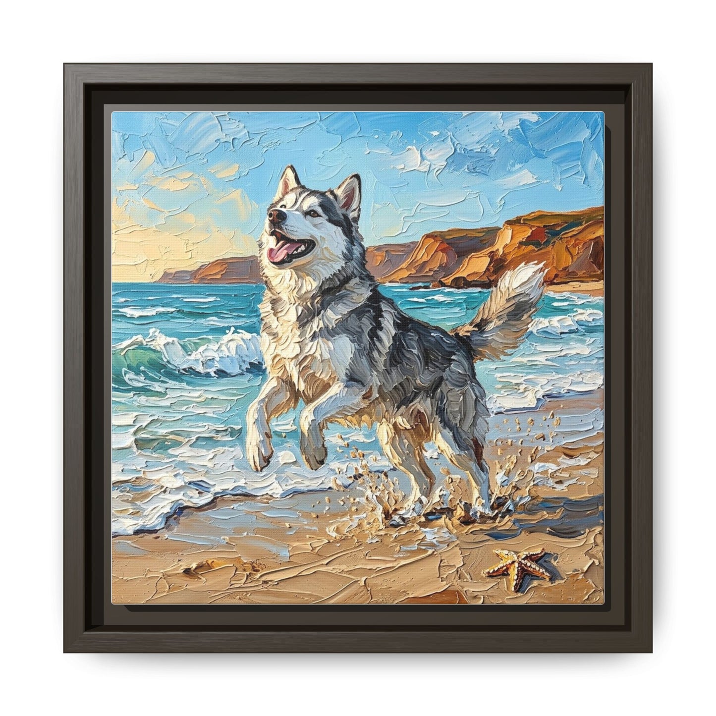 "Beach Day - Husky" Framed Canvas Wall Art