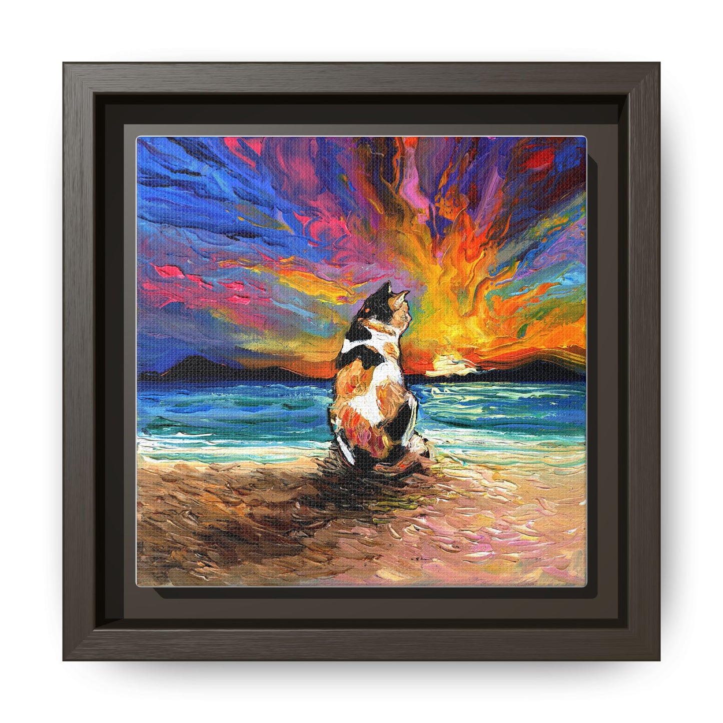 "Beach Day - Calico Cat" Framed Canvas Wall Art