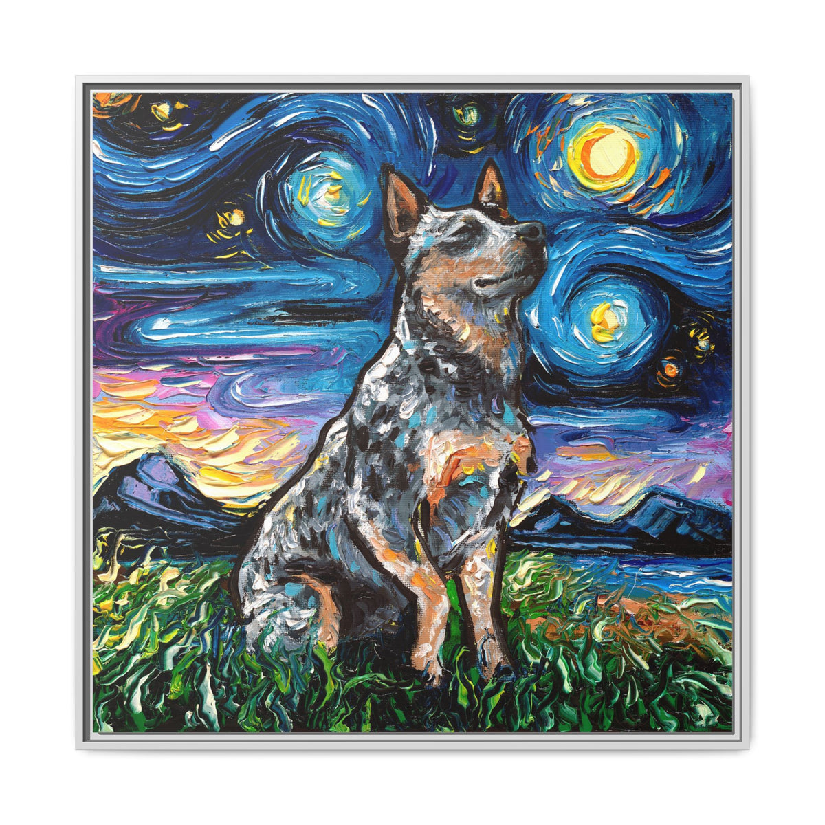 "Blue Heeler Night" Framed Canvas Wall Art