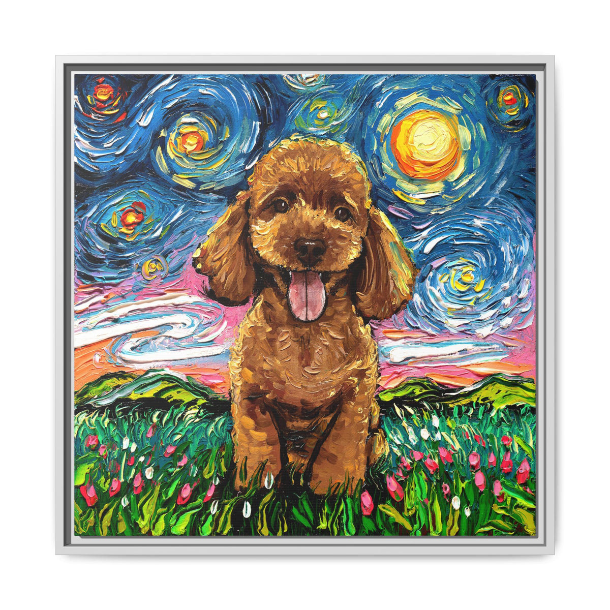 "Apricot Poodle Puppy Night" Framed Canvas Wall Art