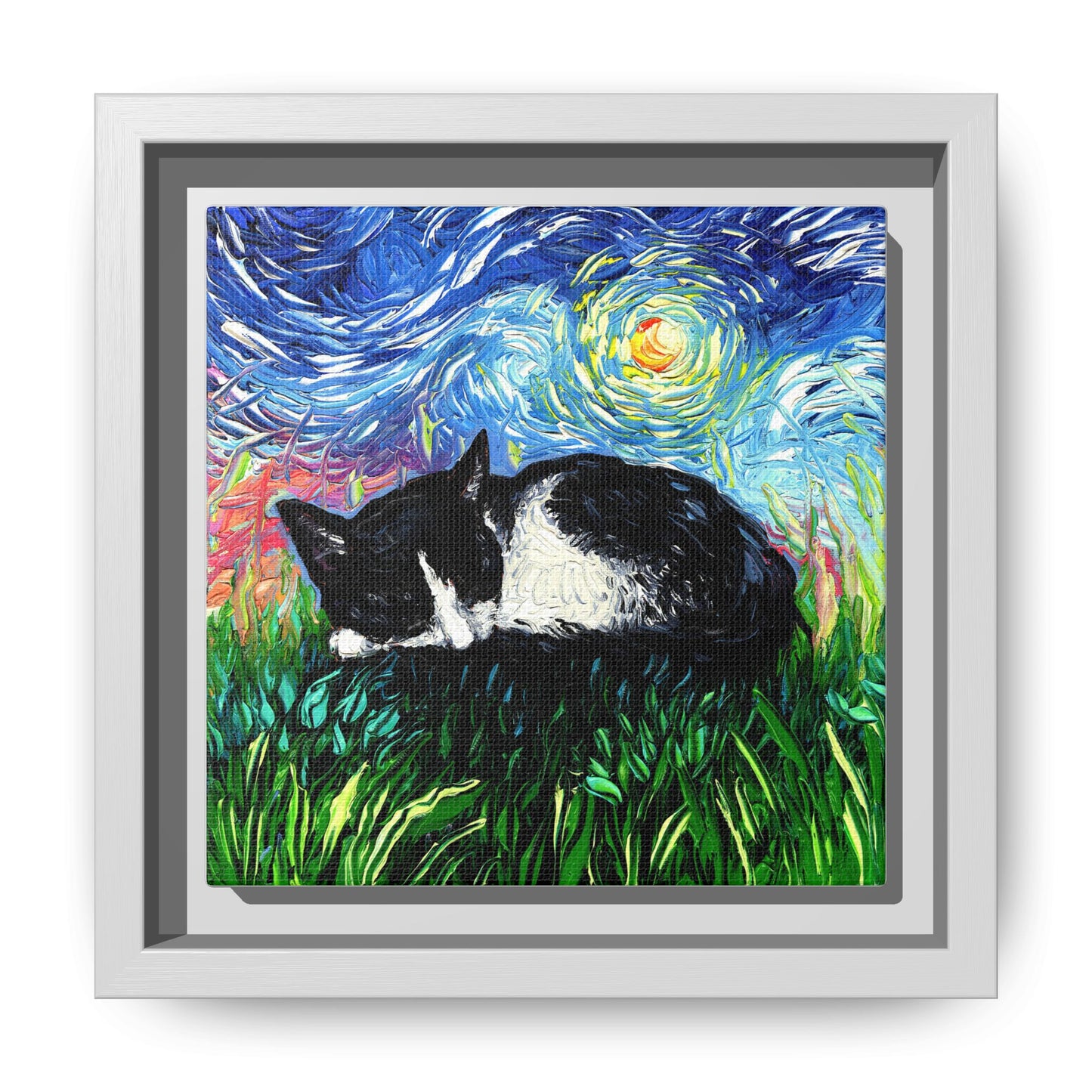 "Sleepy Tuxedo Kitten" Framed Canvas Wall Art