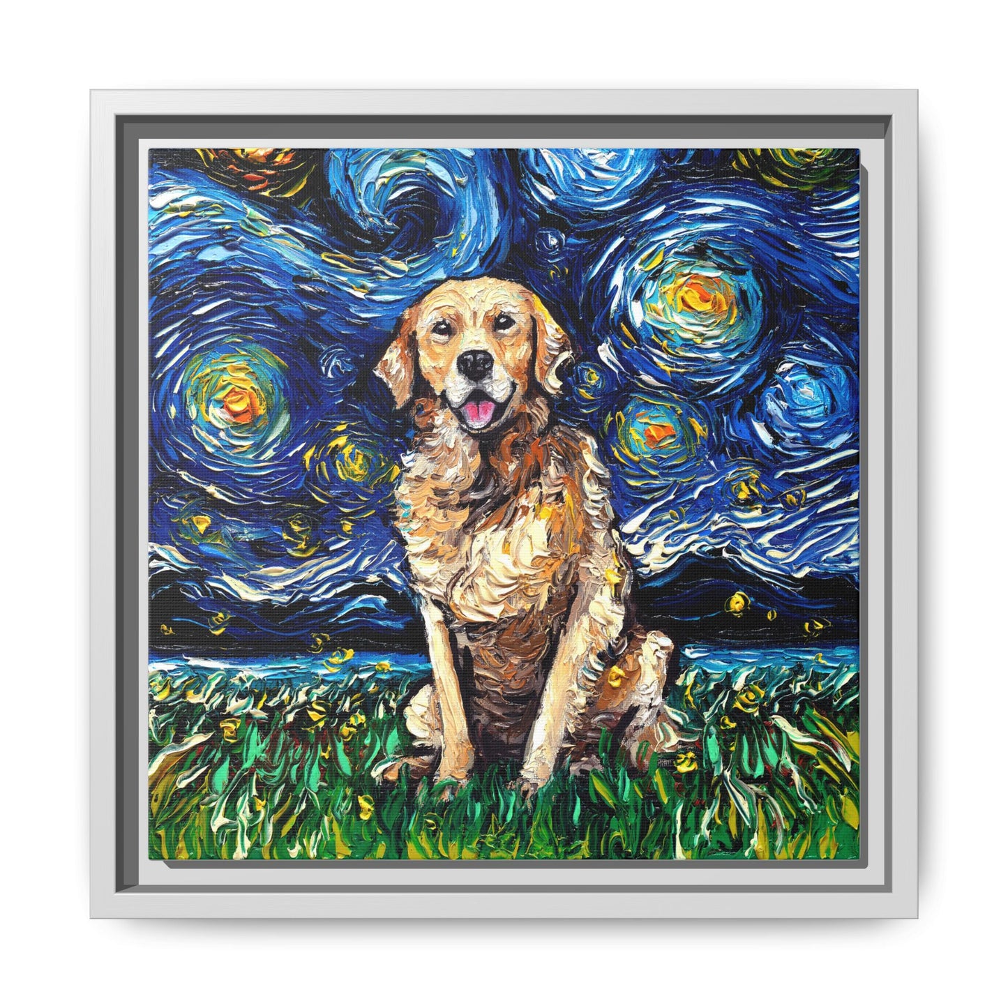 "Golden Retriever Night" Framed Canvas Wall Art