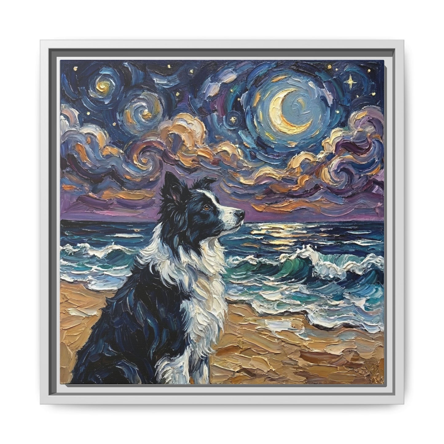 "Beach Night - Border Collie" Framed Canvas Wall Art