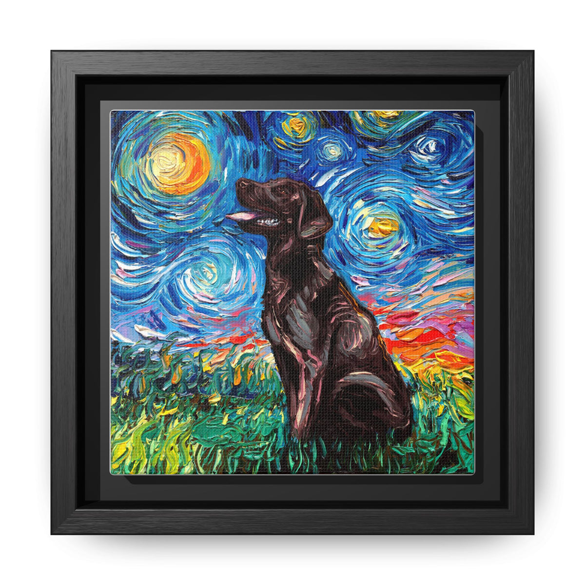 "Chocolate Labrador Night" Framed Canvas Wall Art
