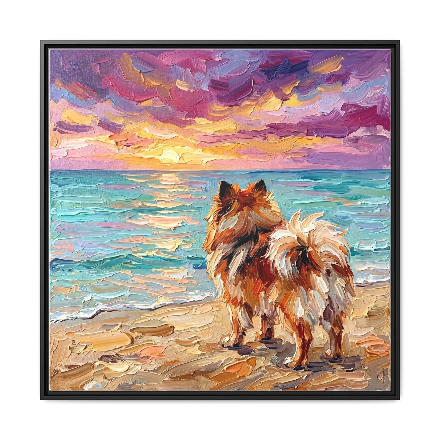 "Beach Sunset - Pomeranian" Framed Canvas Wall Art
