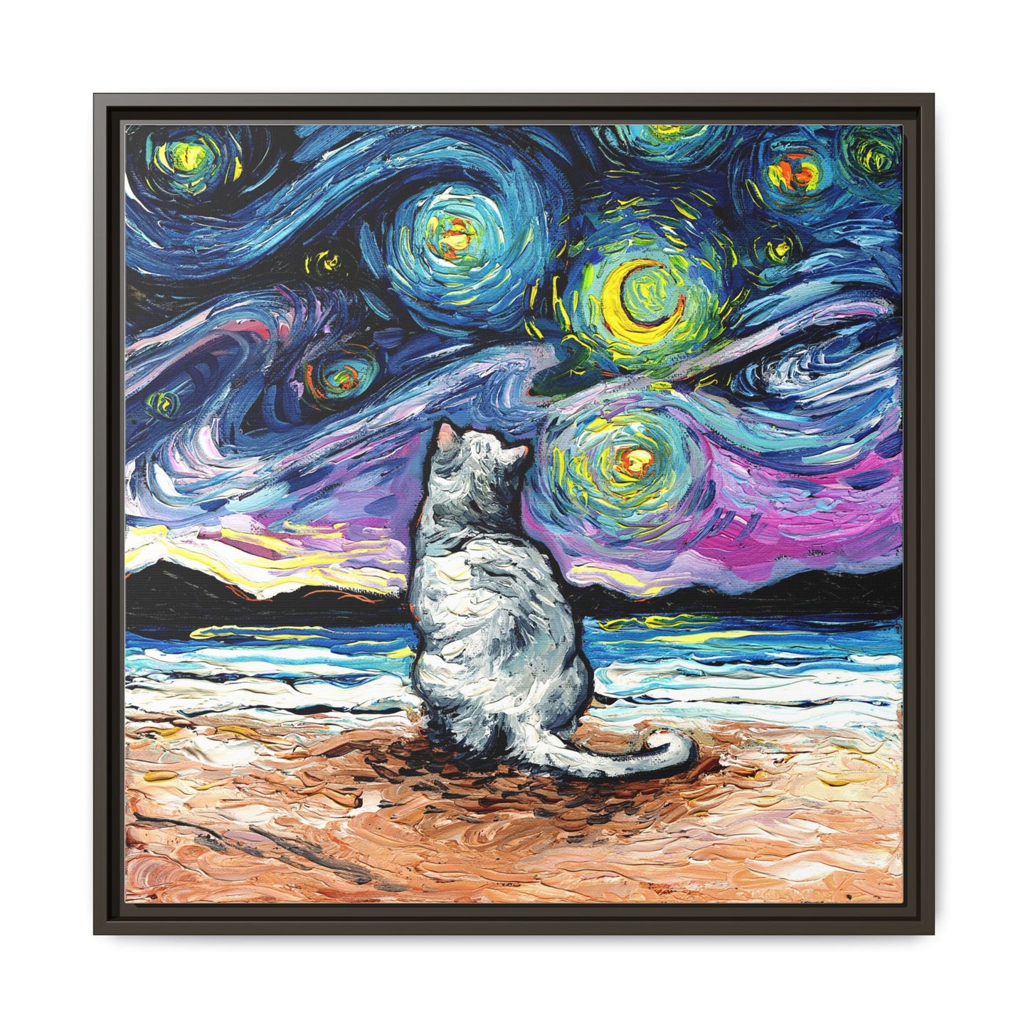 "White Cat Night 2" Framed Canvas Wall Art