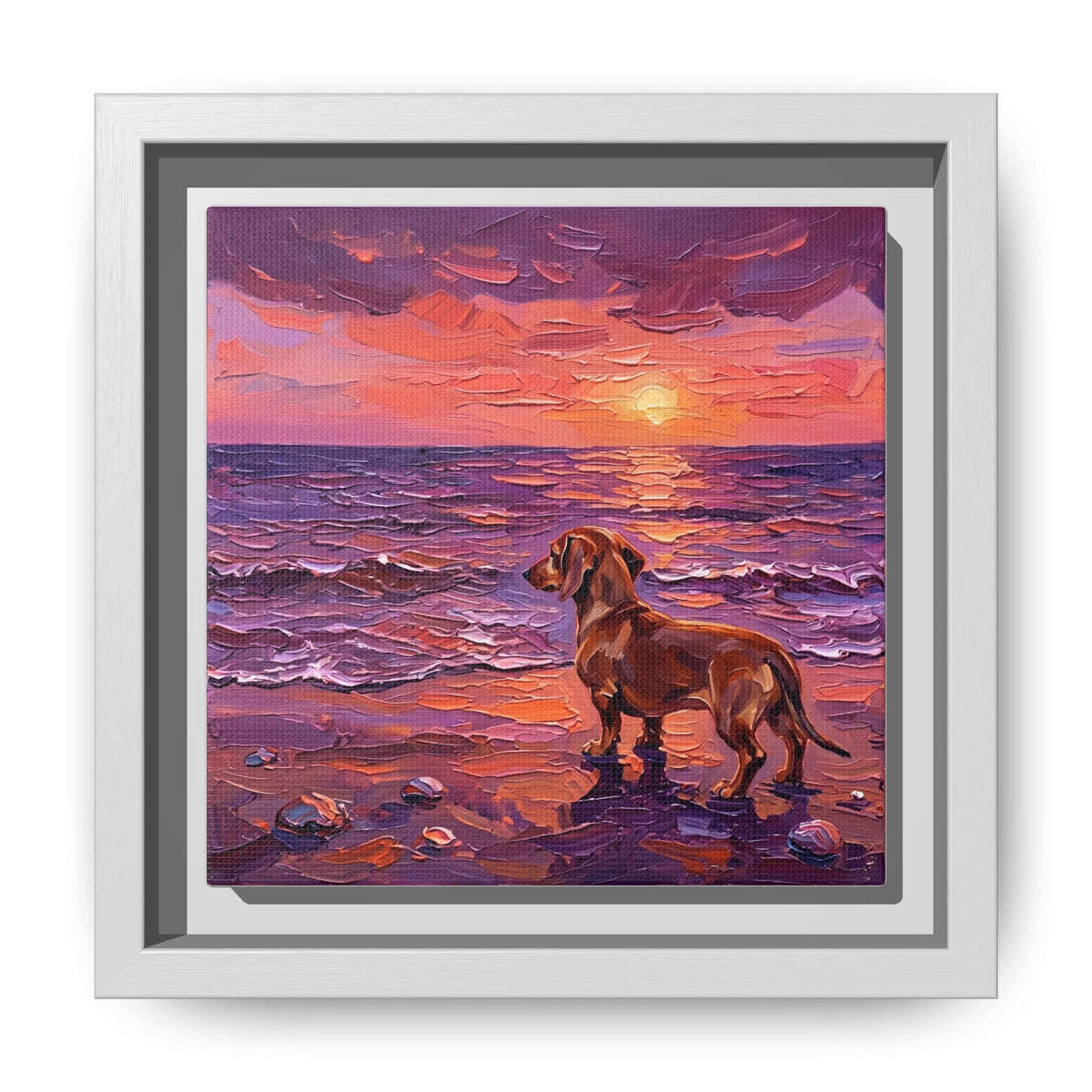 "Beach Day - Brown Dachshund" Framed Canvas Wall Art
