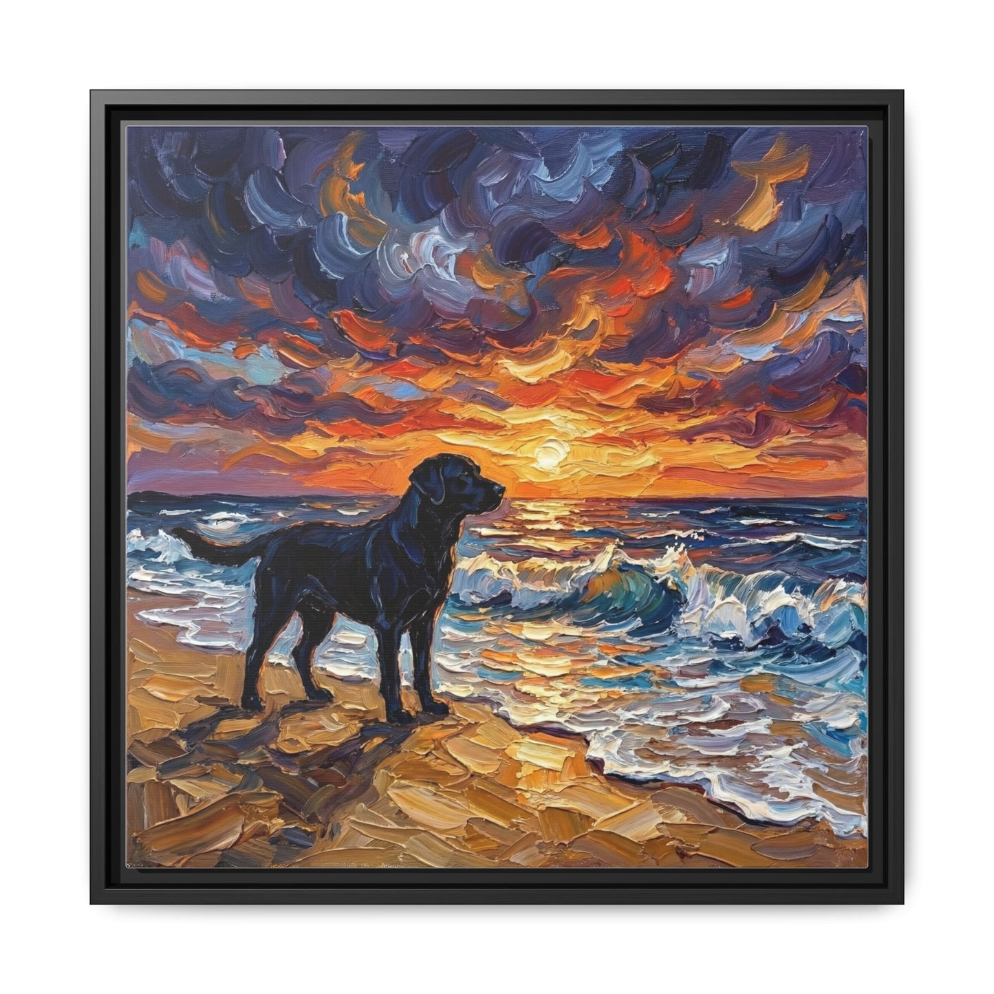 "Beach Sunset - Black Labrador" Framed Canvas Wall Art
