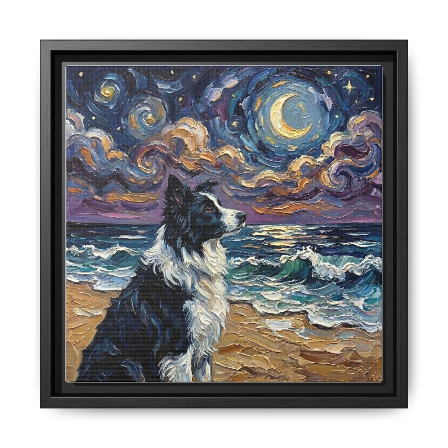 "Beach Night - Border Collie" Framed Canvas Wall Art