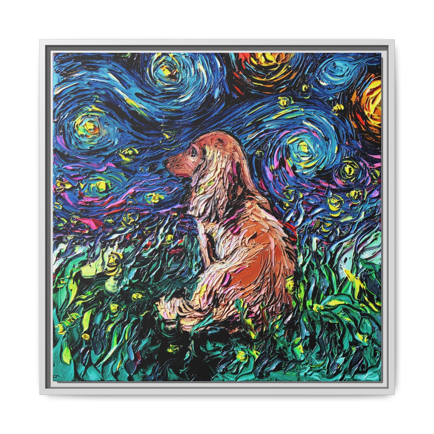 "Long Haired Brown Dachshund Night" Framed Canvas Wall Art
