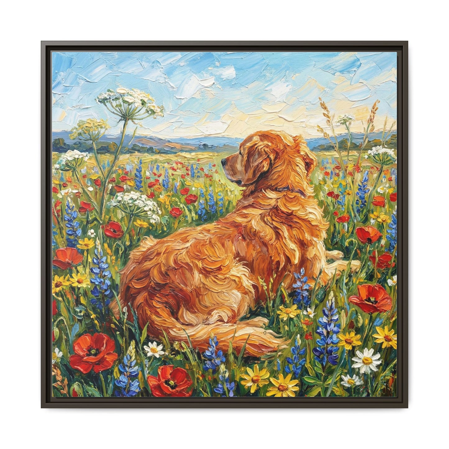 "Amongst The Flowers - Golden Retriever" Framed Canvas Wall Art