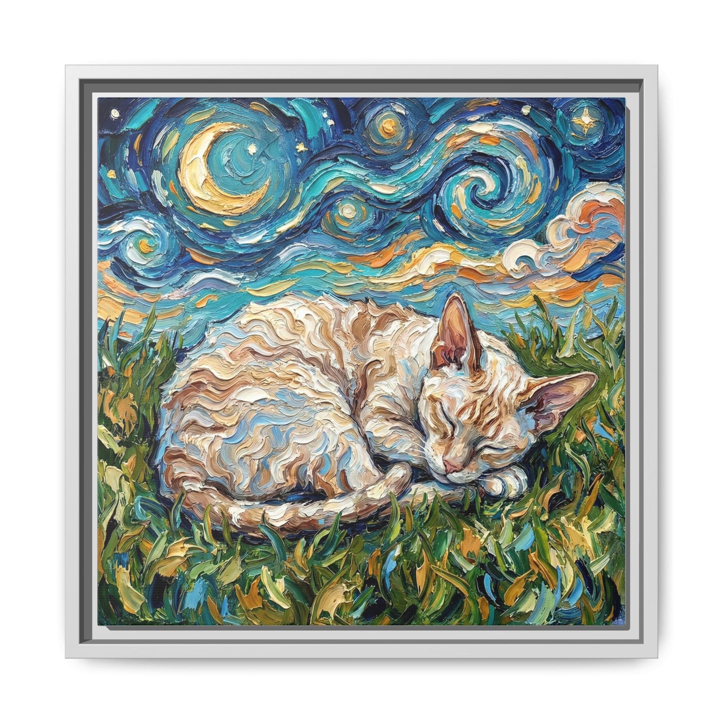 "Sleepy Cornish Rex Night" Framed Canvas Wall Art