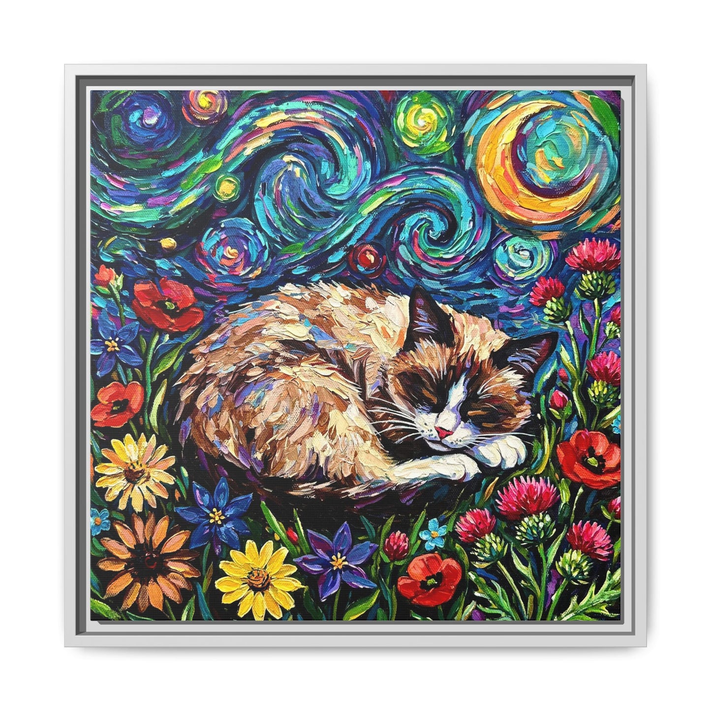 "Sleepy Snowshoe Cat Night" Framed Canvas Wall Art