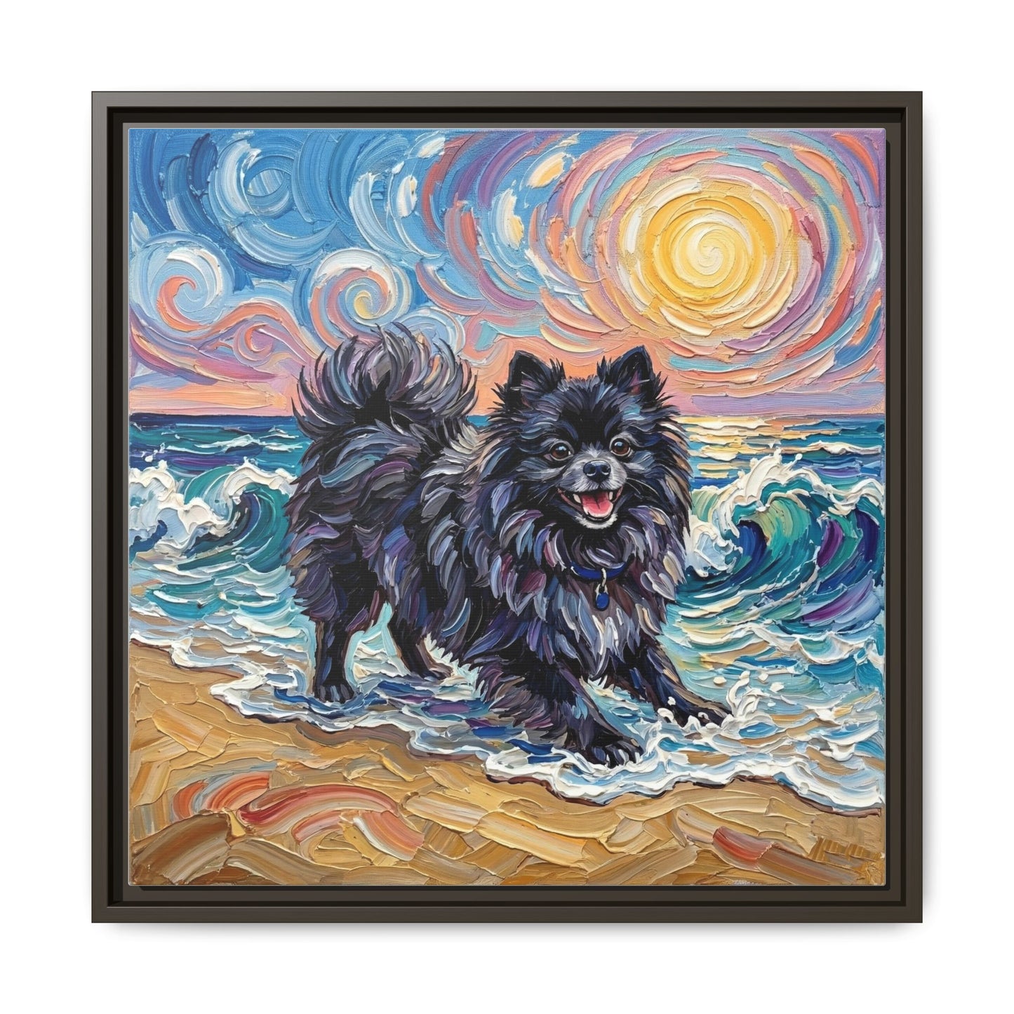 "Beach Day - Black Pomeranian" Framed Canvas Wall Art