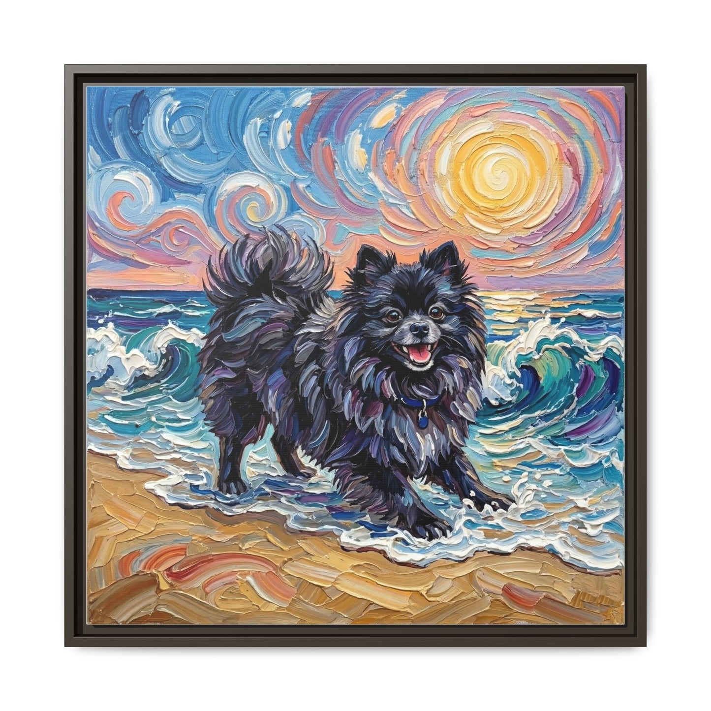 "Beach Day - Black Pomeranian" Framed Canvas Wall Art