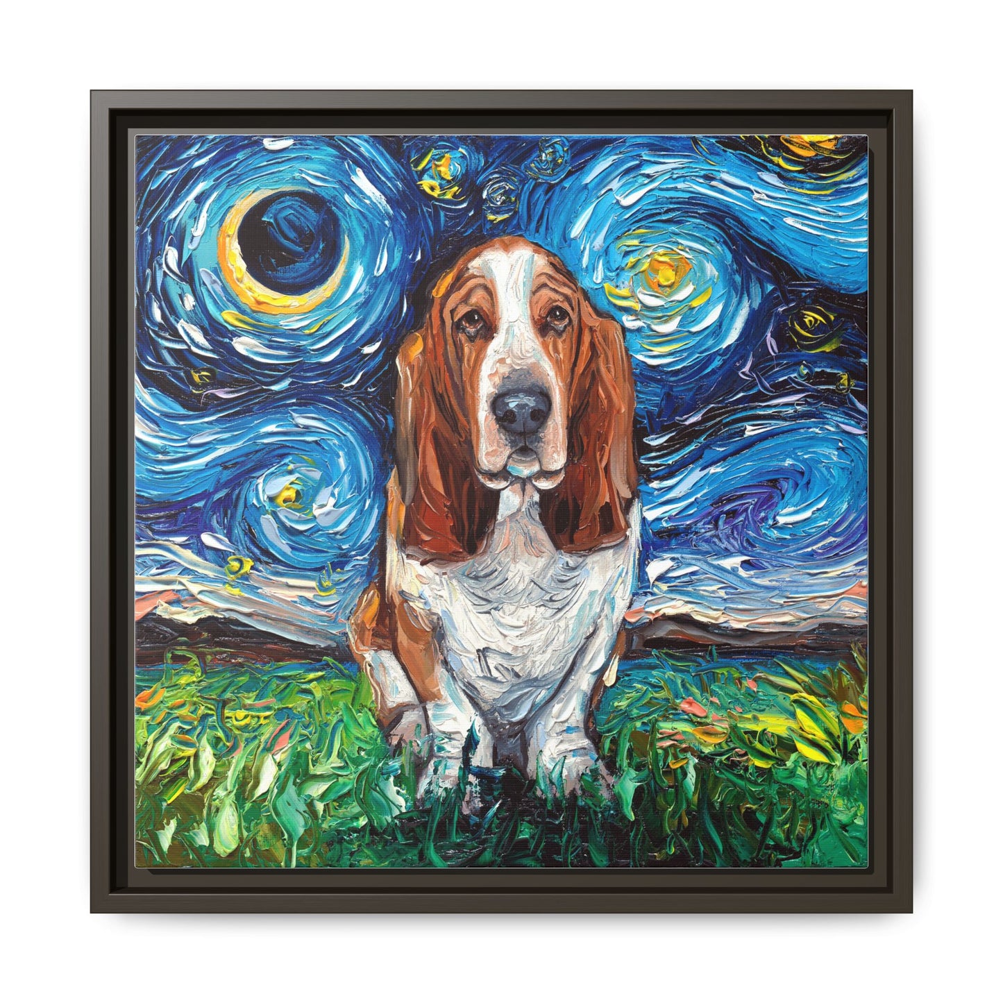 "Basset Hound Night" Framed Canvas Wall Art