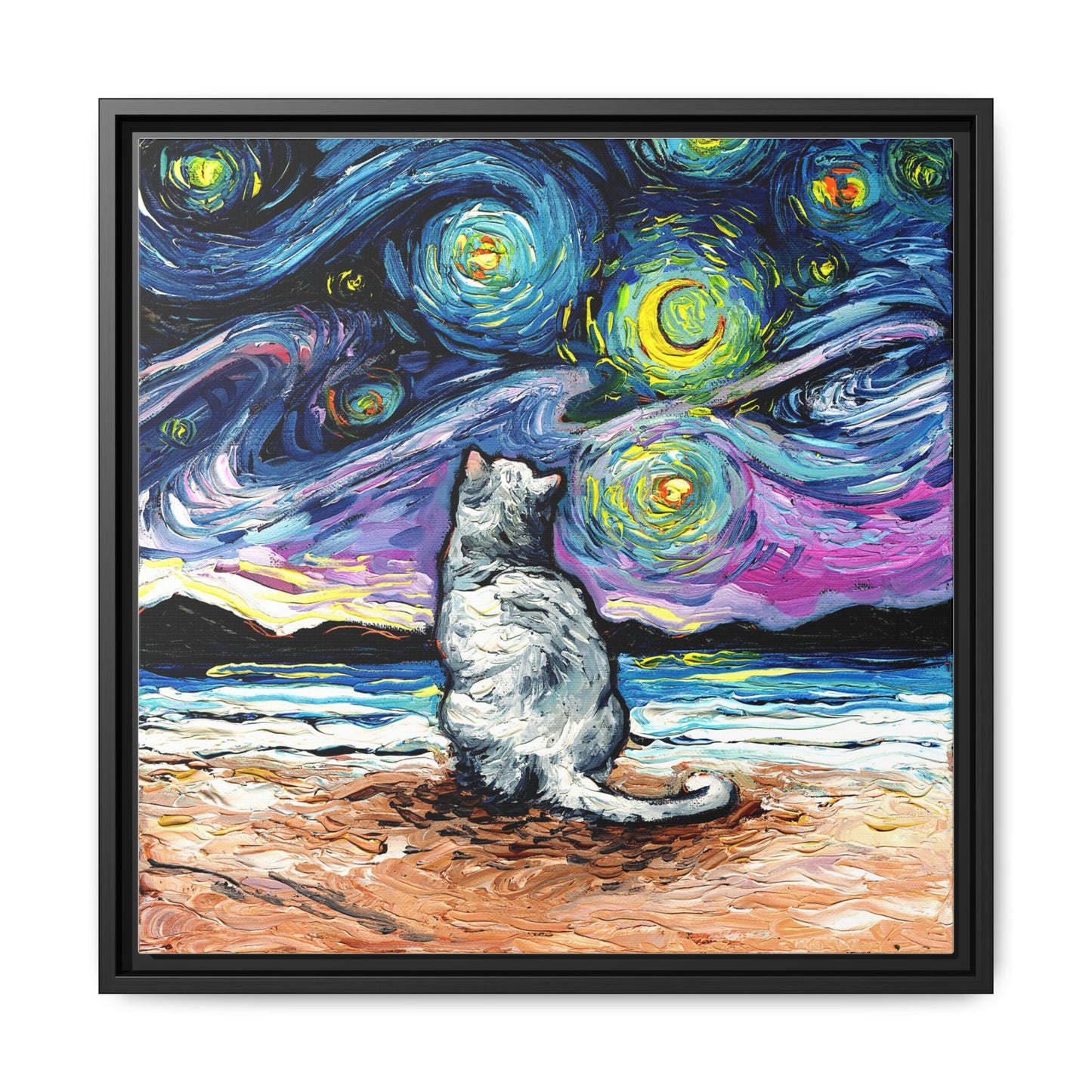 "White Cat Night 2" Framed Canvas Wall Art