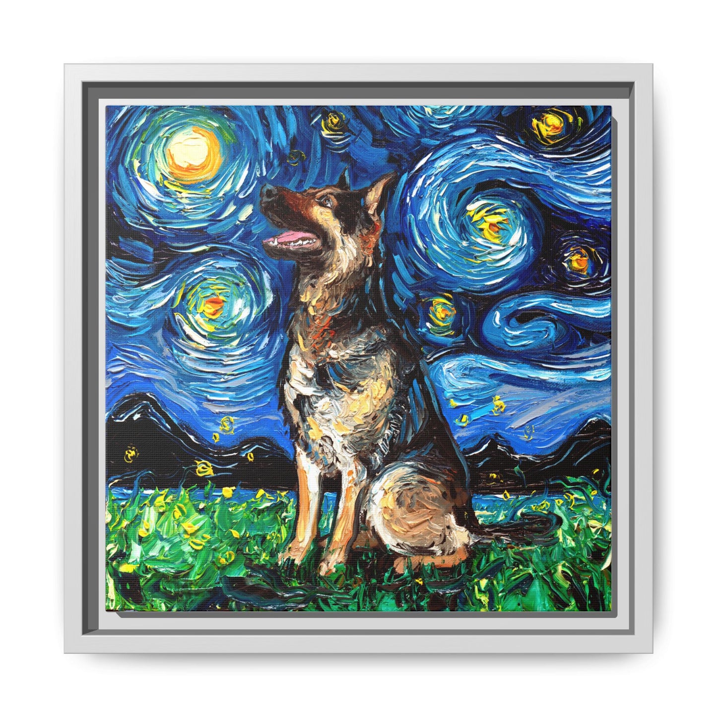 "German Shepherd Night" Framed Canvas Wall Art