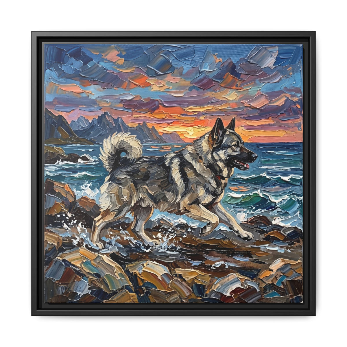 "Beach Days - Norwegian Elkhound" Framed Canvas Wall Art