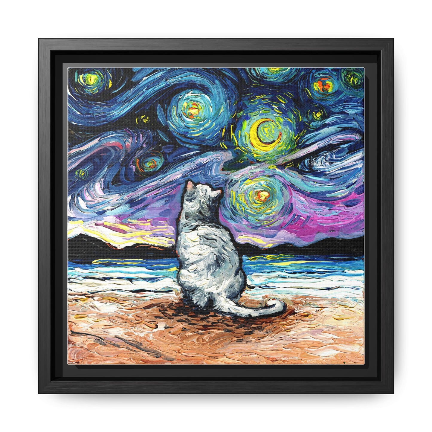 "White Cat Night 2" Framed Canvas Wall Art