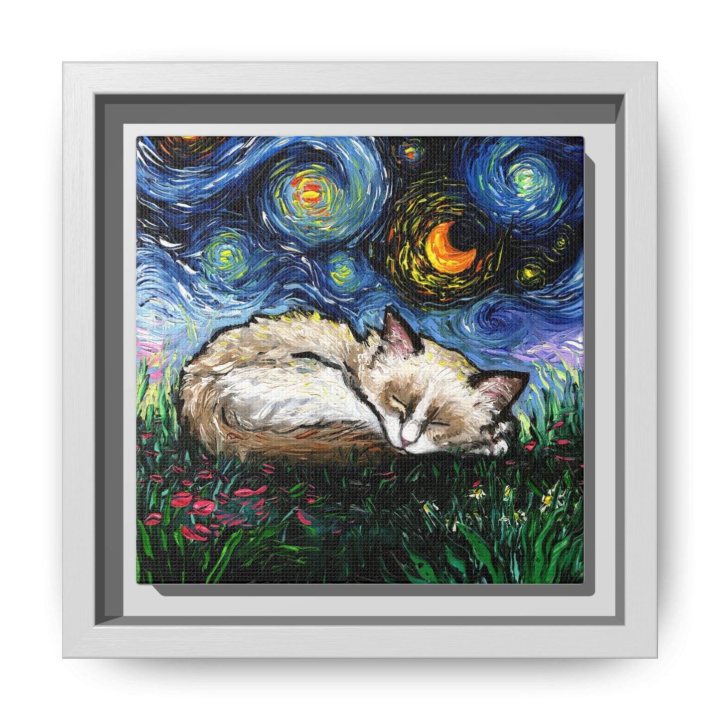 "Sleepy Ragdoll Kitten Night" Framed Canvas Wall Art