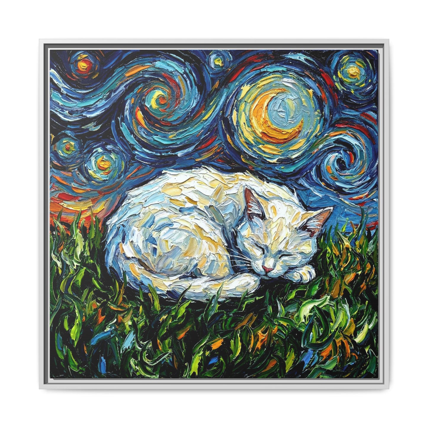 "Sleepy White Cat Night" Framed Canvas Wall Art