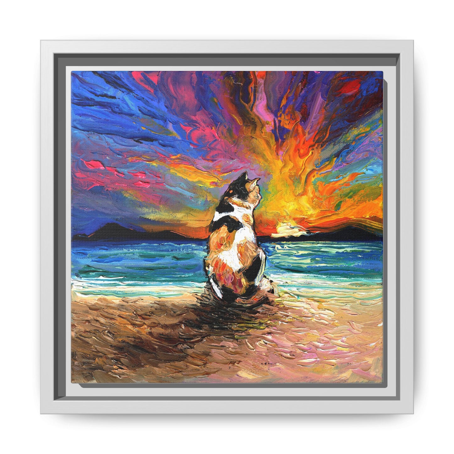 "Beach Day - Calico Cat" Framed Canvas Wall Art