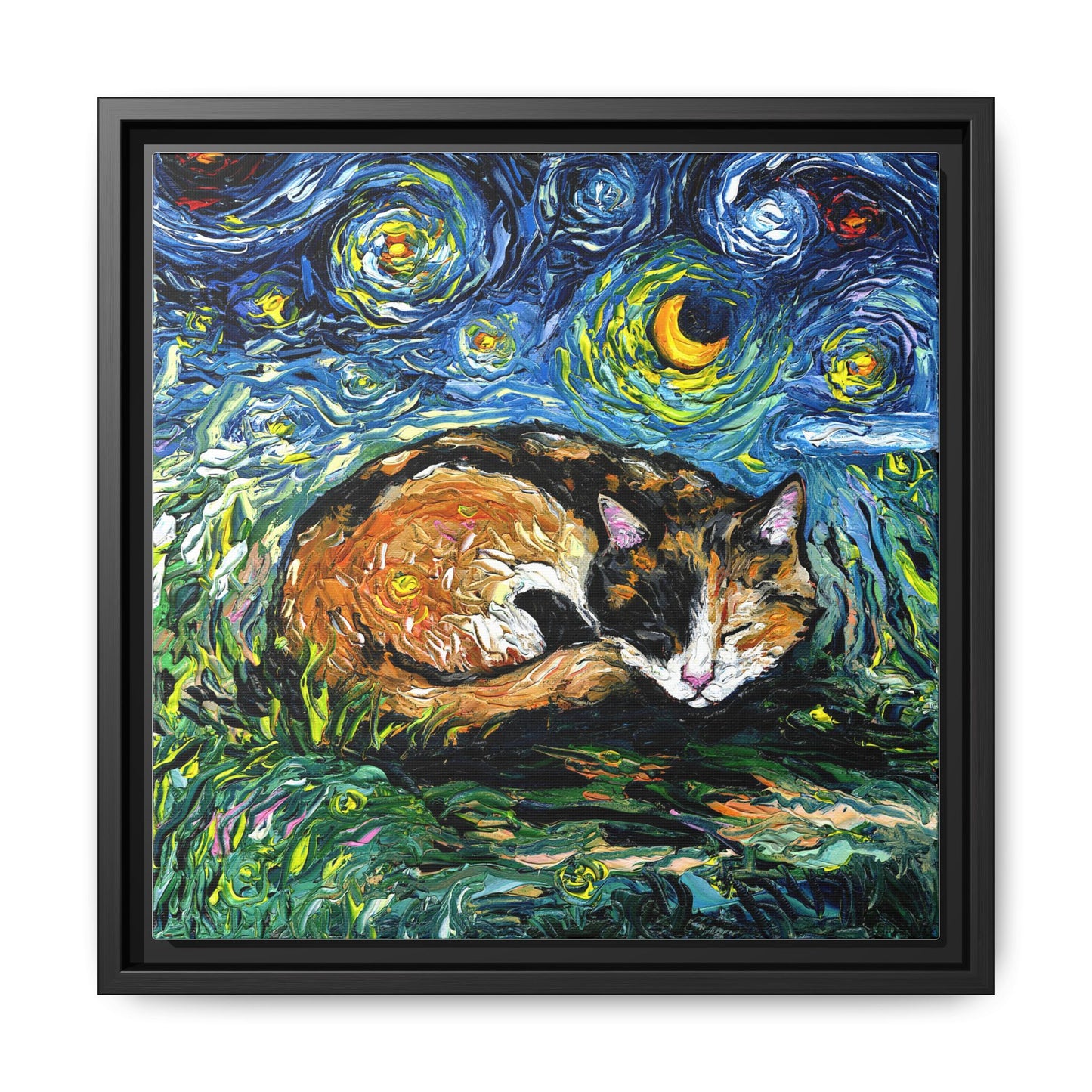 "Sleepy Calico Night" Framed Canvas Wall Art