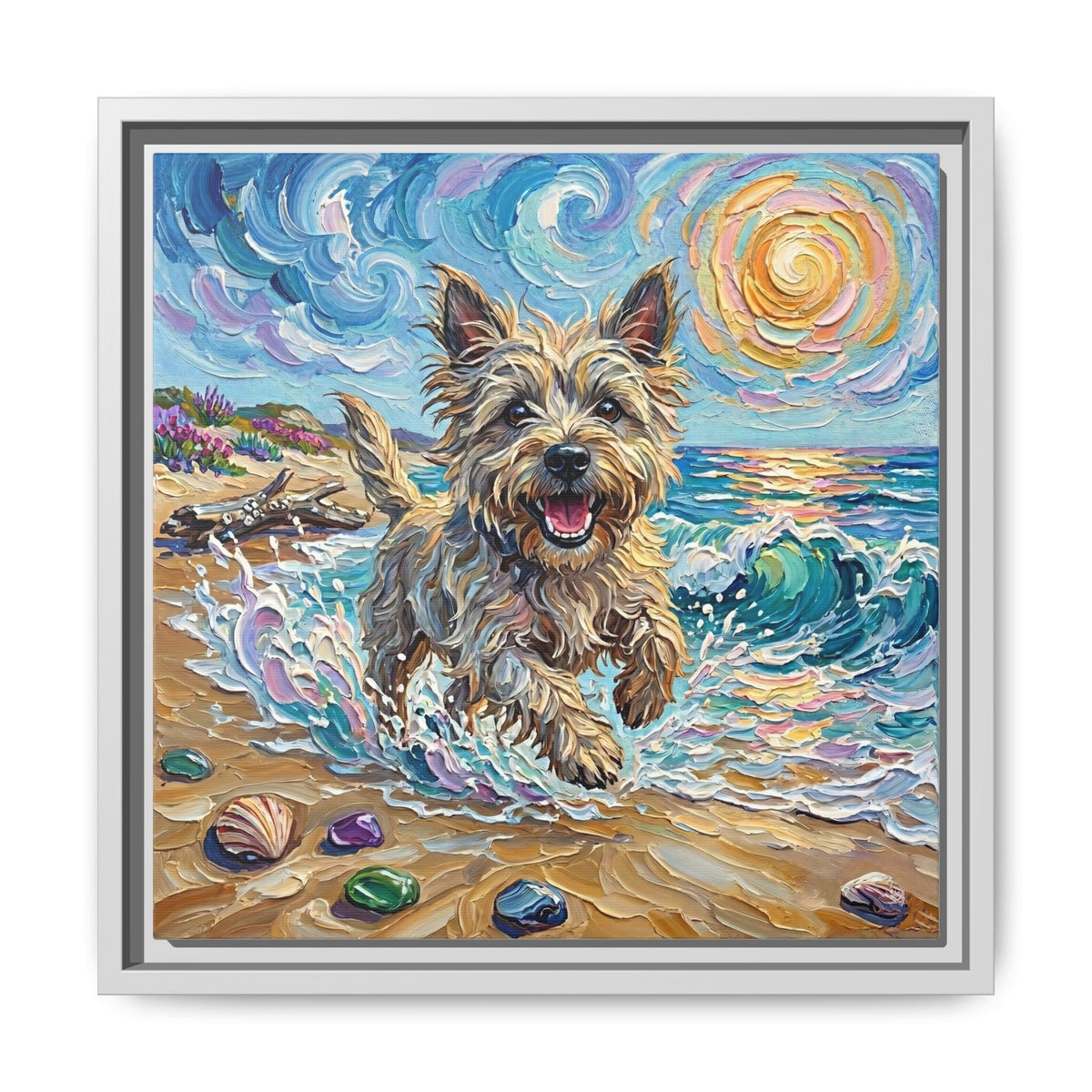 "Beach Days - Cairn Terrier" Framed Canvas Wall Art
