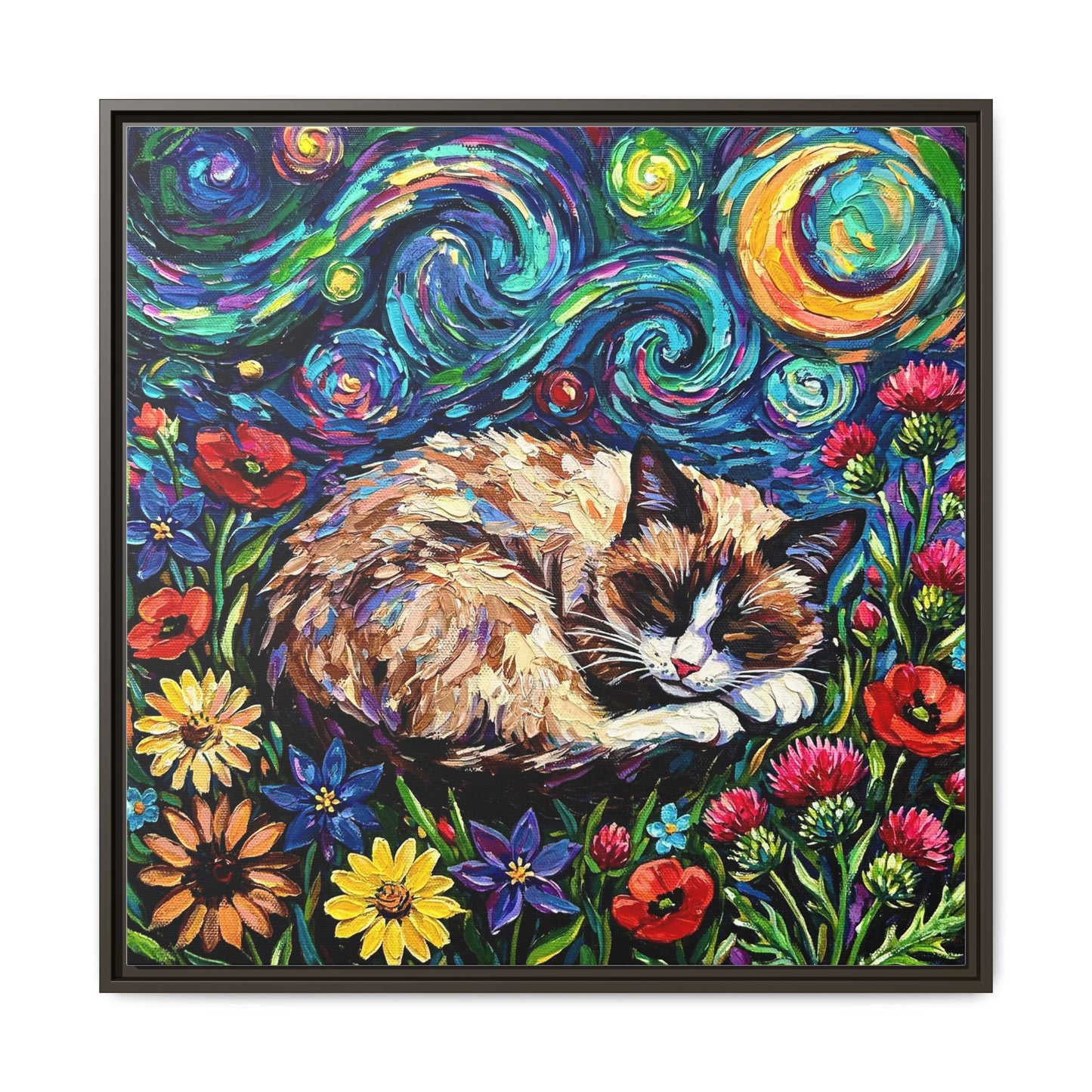 "Sleepy Snowshoe Cat Night" Framed Canvas Wall Art