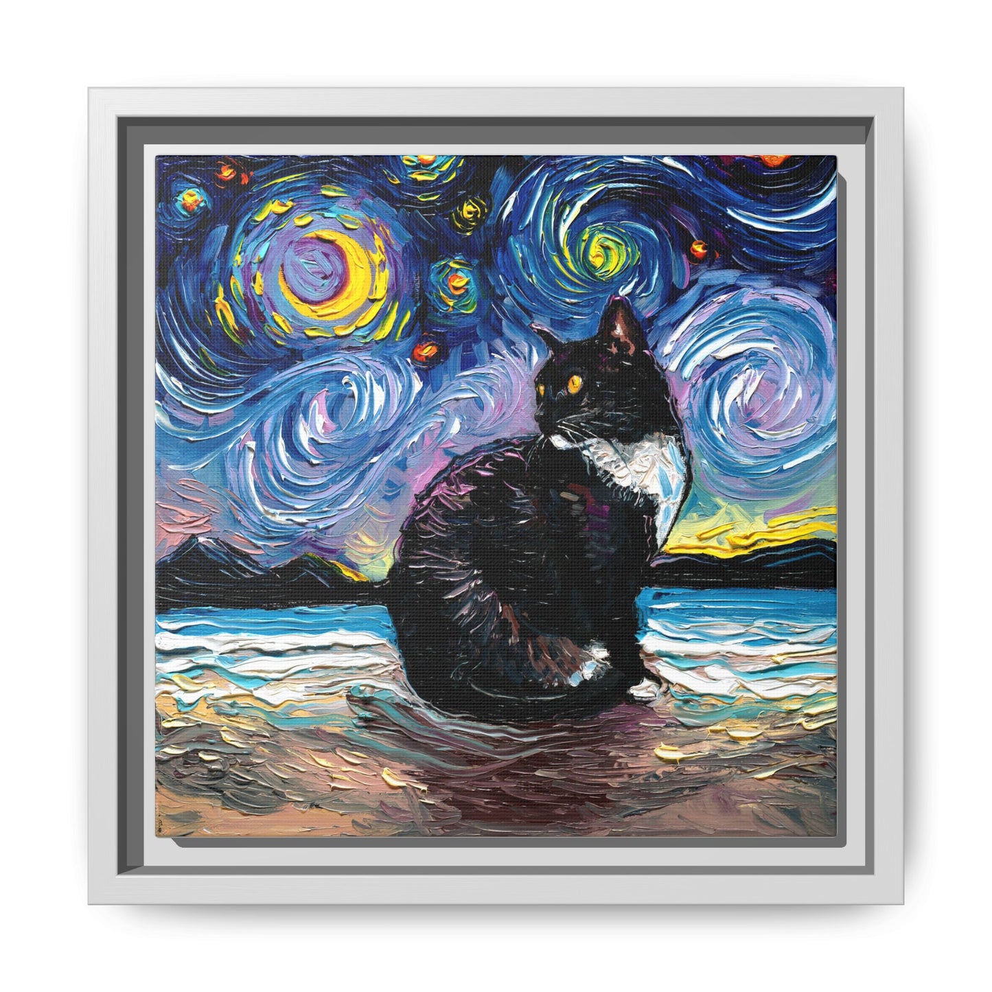 "Tuxedo Cat Night 2" Framed Canvas Wall Art