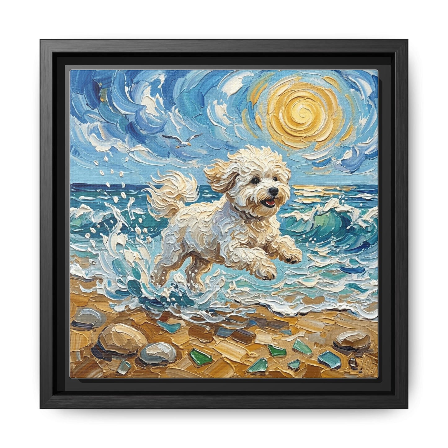 "Beach Day - Bichon Frise" Framed Canvas Wall Art