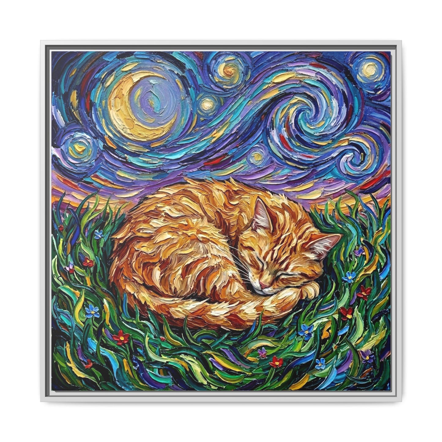 "Sleepy Orange Tabby Night" Framed Canvas Wall Art