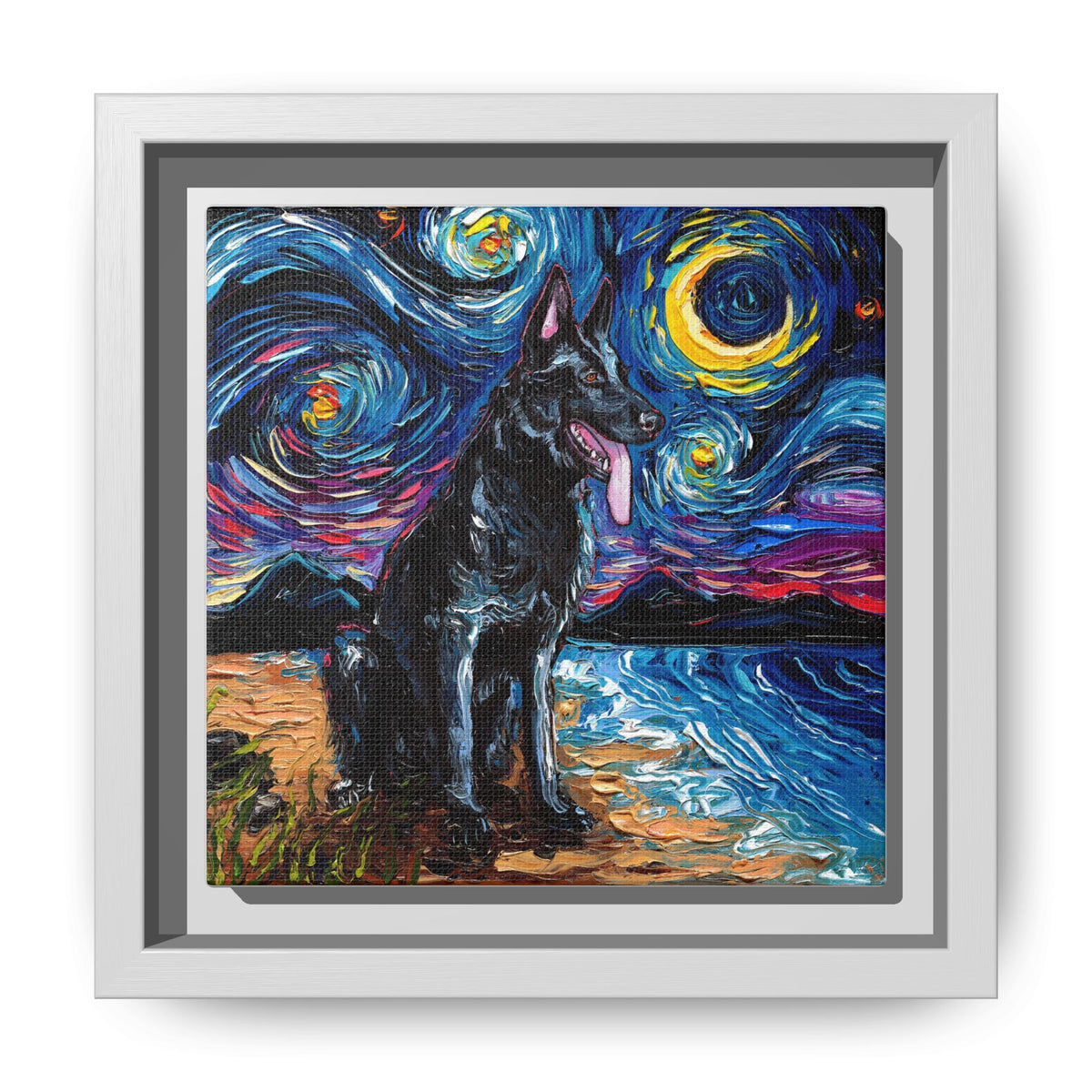 "Black German Shepherd Night" Framed Canvas Wall Art