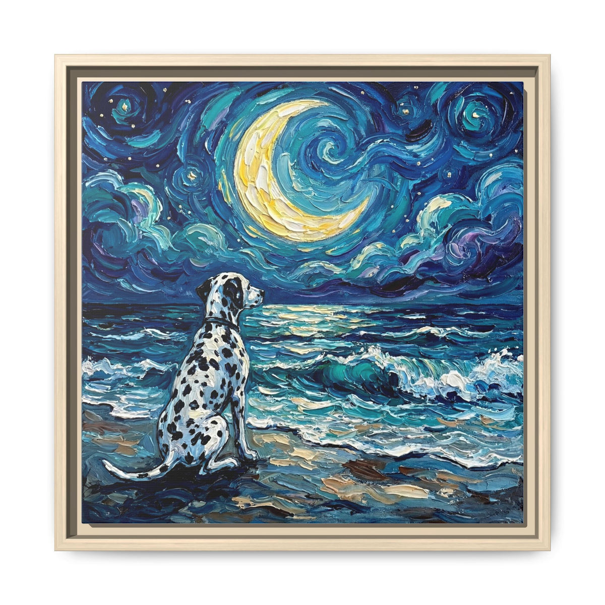 "Beach Night - Dalmatian" Framed Canvas Wall Art