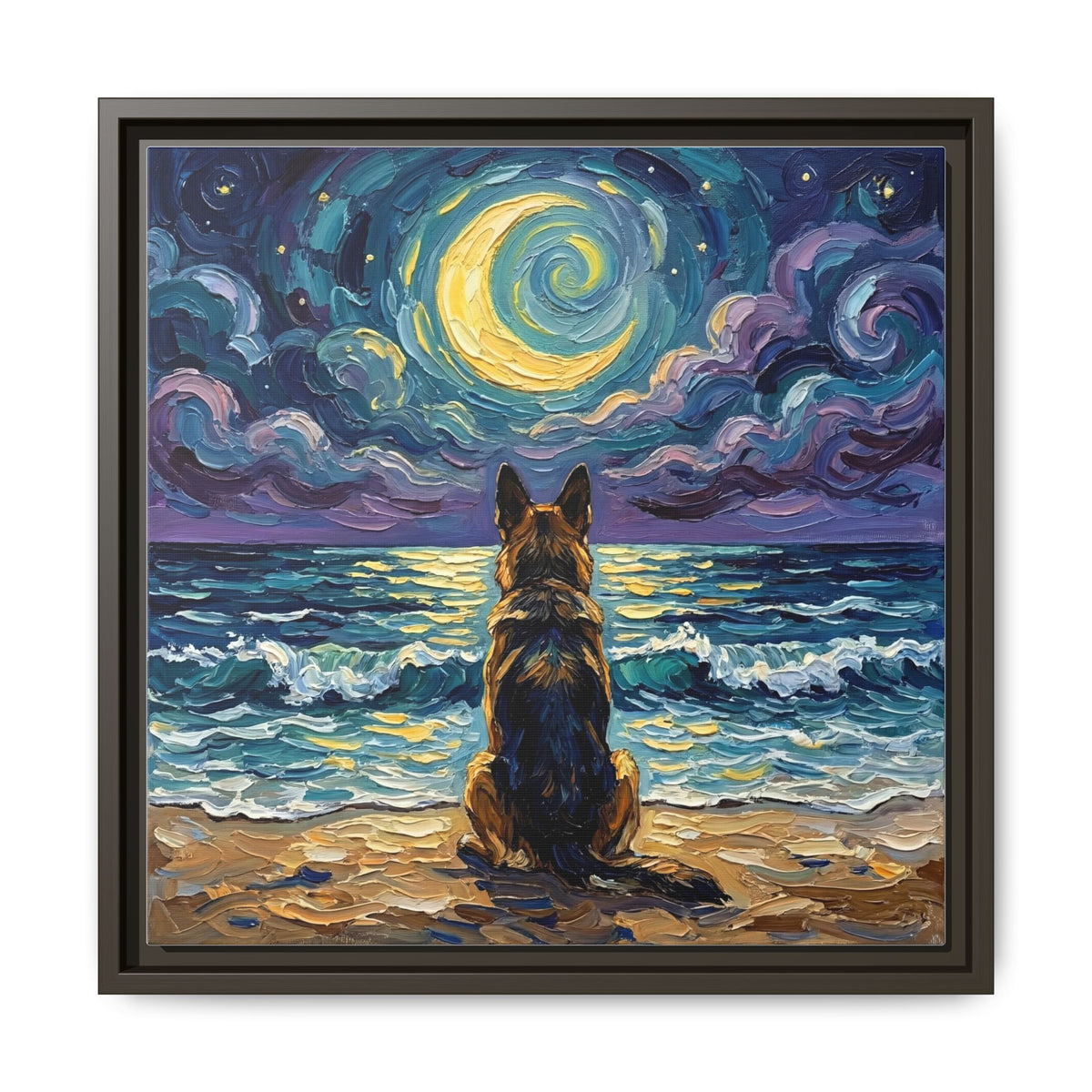 "Beach Night - German Shepherd" Framed Canvas Wall Art