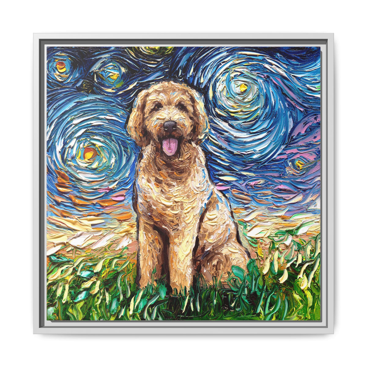 "Goldendoodle Night" Framed Canvas Wall Art