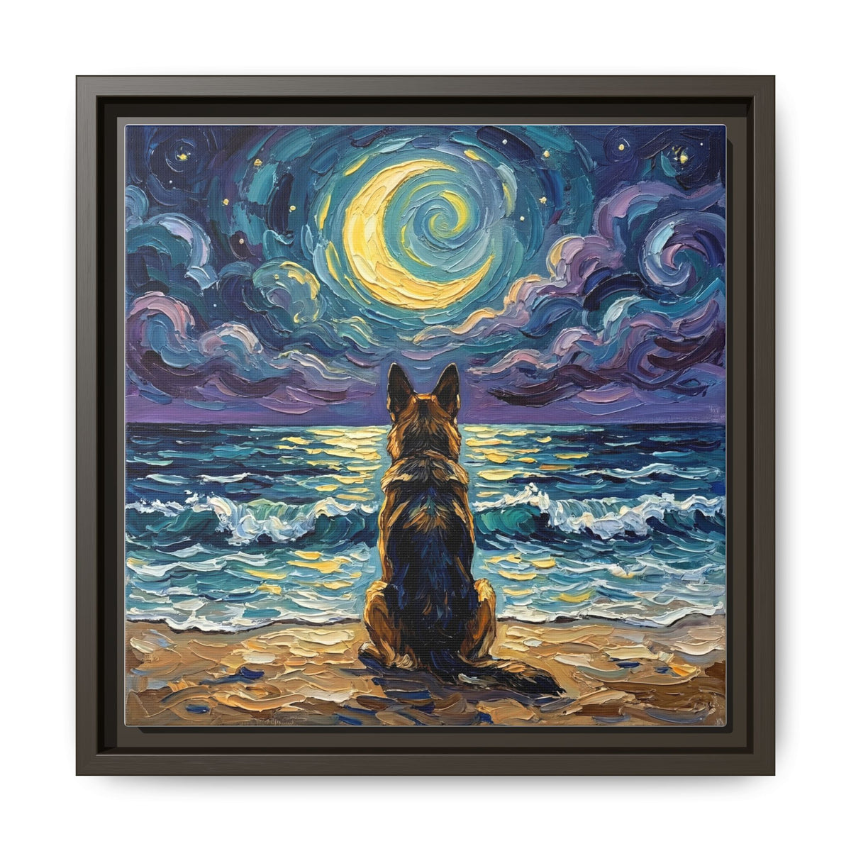 "Beach Night - German Shepherd" Framed Canvas Wall Art