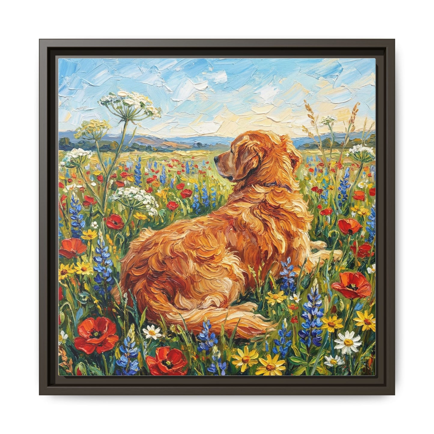 "Amongst The Flowers - Golden Retriever" Framed Canvas Wall Art