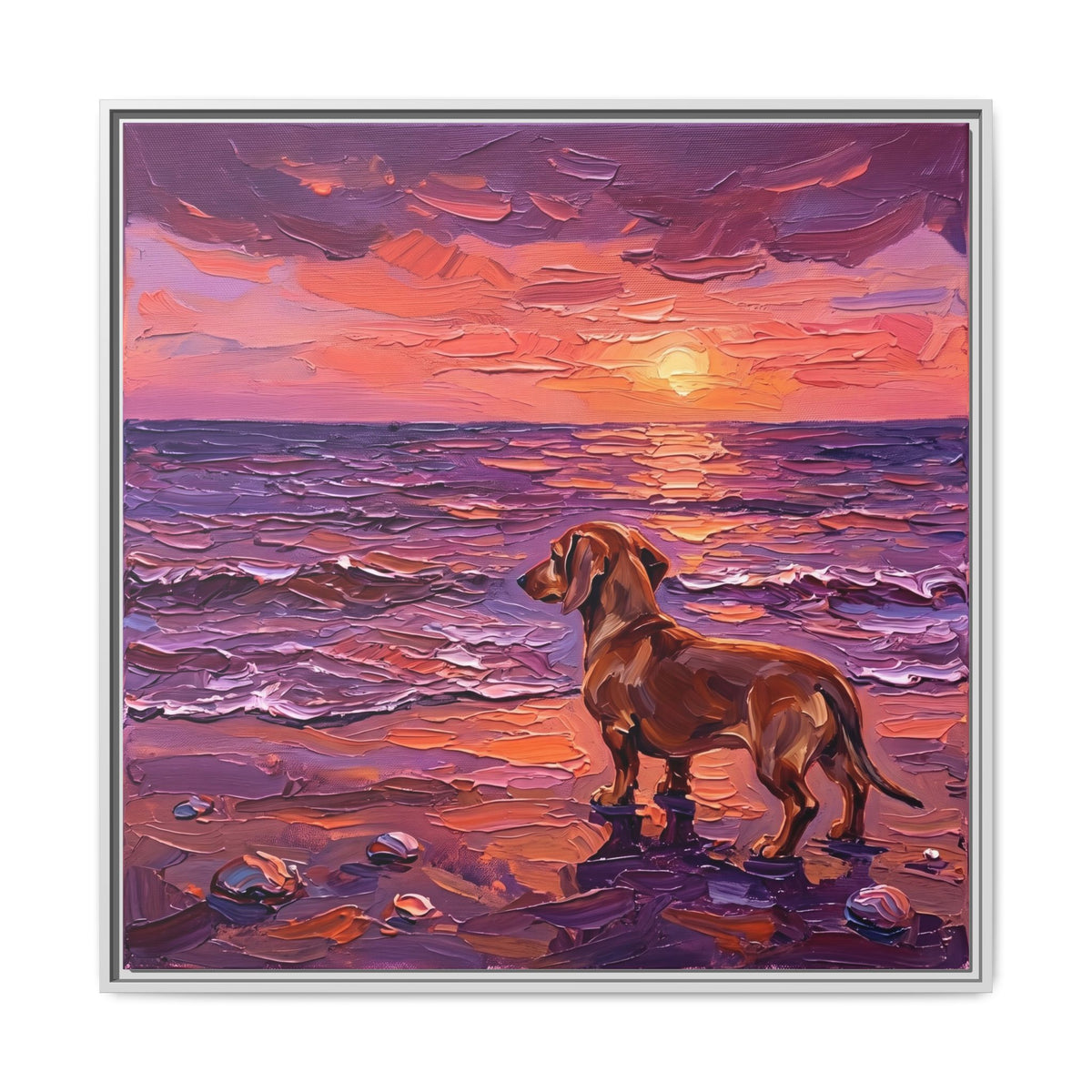 "Beach Day - Brown Dachshund" Framed Canvas Wall Art