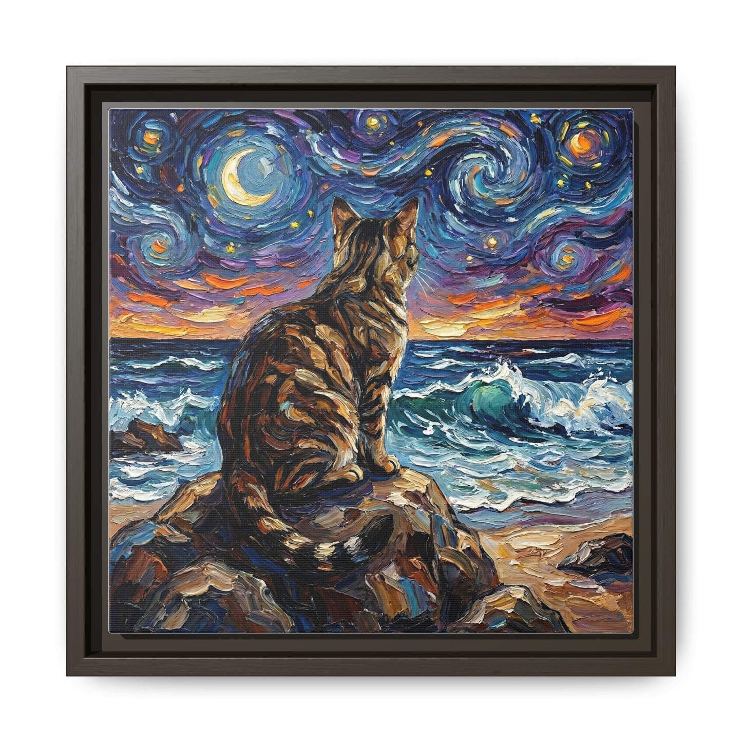 "Beach Night - Brown Tabby" Framed Canvas Wall Art